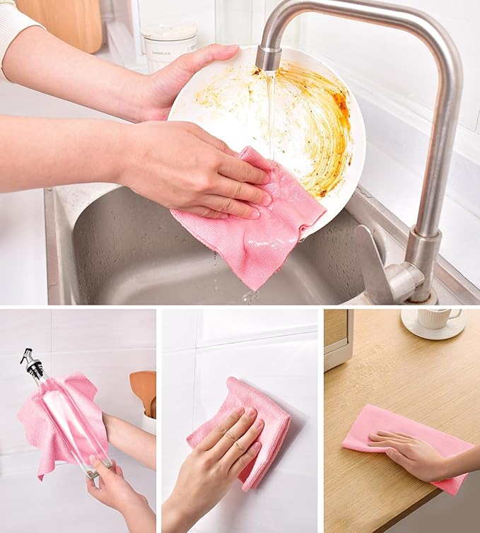 KitchLife Microfiber Cleaning Cloth Roll, 100 Pack - Tear-Away Microfiber Paper Towels, Lint-Free, Reusable, Washable for Kitchen, Car, Dishes, and Sensitive Surfaces (Pink)