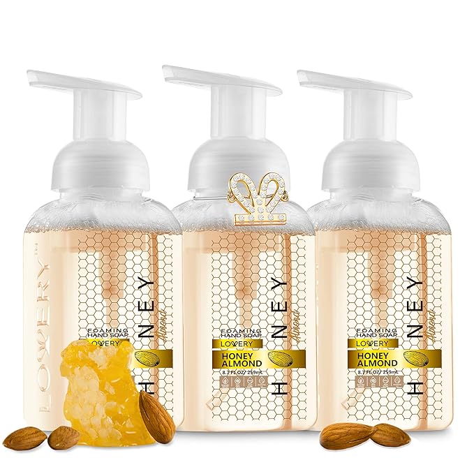 Valentines Foaming Hand Soap, 26.25 fl oz - 3-Pack Scented Hand Wash for Kitchen, Bathroom, Alcohol-Free, Moisturizing Hand Soap with Aloe and Essential Oils in Honey Almond Scent - Free Bracelet