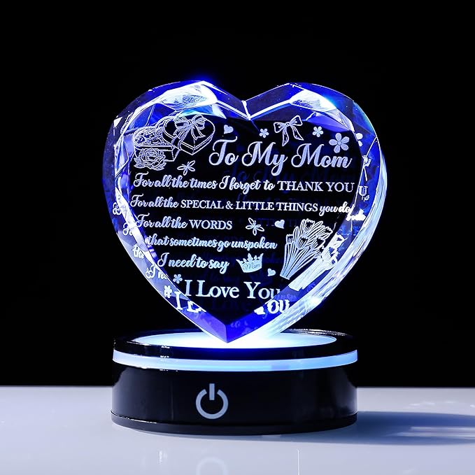 to My Mom Crystal Heart Gift with LED Base - A Mother's Love is Forever Laser Engraved Message, Meaningful Birthday Mother's Day Gift from Daughter Son, Thanksgiving Christmas Keepsake