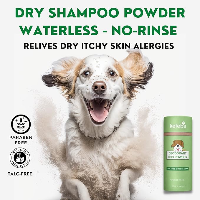 Kelebs Dog Dry Shampoo for Smelly Dogs | Waterless Dry Dog Shampoo Powder | Anti Itch Shampoo for Dogs | Skin Ear & Paw | Tea Tree Oil | Talc Free with Organic White Clay Vegan | No Plastic