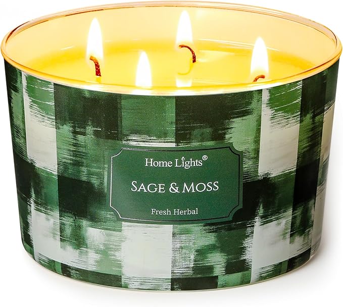 HomeLights Scented Candles for Women & Men, 18oz Candle Jars Aromatherapy 4-Wick Candle, Ideal for Scandinavian Minimalist Design Home Decor and Gifts, Sage & Moss