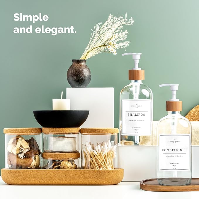 Vine Creations Glass Soap Dispenser Set - Kitchen Soap Dispenser Set with Tray - Bamboo Dish Soap and Hand Soap Dispensers Set for Bathroom - White Kitchen Decor with Waterproof Labels (Clear)