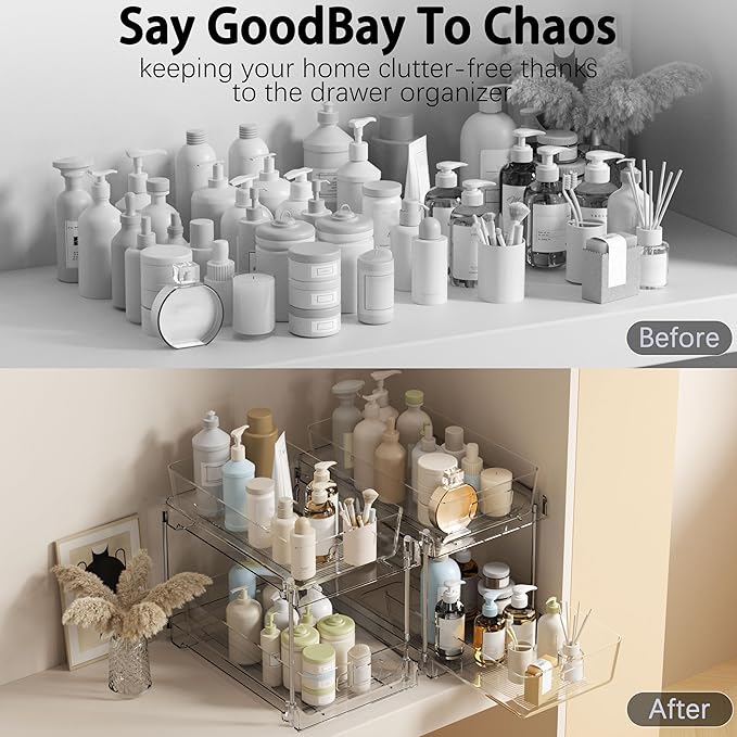 2 Tier Under Sink Organizer, 2 Pack Clear Bathroom Storage Vanity Counter Container, Cabinet Drawers Bins, Pull-Out Storage and Organization with Track for Pantry, Kitchen