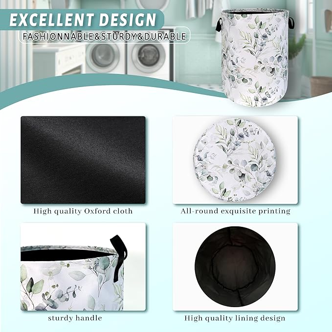 Watercolor Green Leaves Branches Laundry Hamper With Handles Foldable Oxford Cloth Tote Bag Colorful Laundry Basket Clothes Toy Storage Bucket 18.9" x 16.5" For Bathroom/Laundry/Bedroom