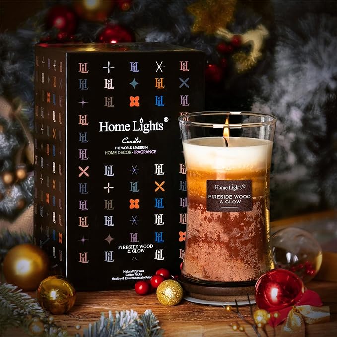 HomeLights 3-Layer Candles for Home Scented, 21.52 OZ Natural Soy Wax Scented Candles Burns Up to 100 Hours, Large Jar, Fireside Wood & Glow
