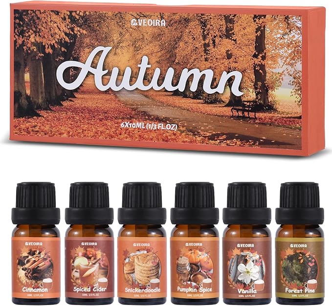 Autumn Fragrance Oils Set, AVEOIRA Fall Essential Oil Set for Diffuser, Candle, Soap Making, Pumpkin Spice, Forest Pine, Spiced Cider, Cinnamon, Vanilla, Snickerdoodle, Scented Oils, 6x10ml