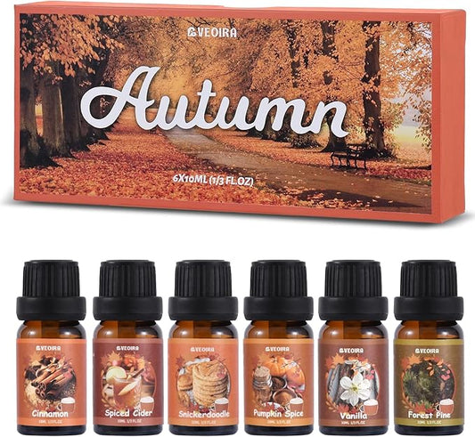 Autumn Fragrance Oils Set, AVEOIRA Fall Essential Oil Set for Diffuser, Candle, Soap Making, Pumpkin Spice, Forest Pine, Spiced Cider, Cinnamon, Vanilla, Snickerdoodle, Scented Oils, 6x10ml