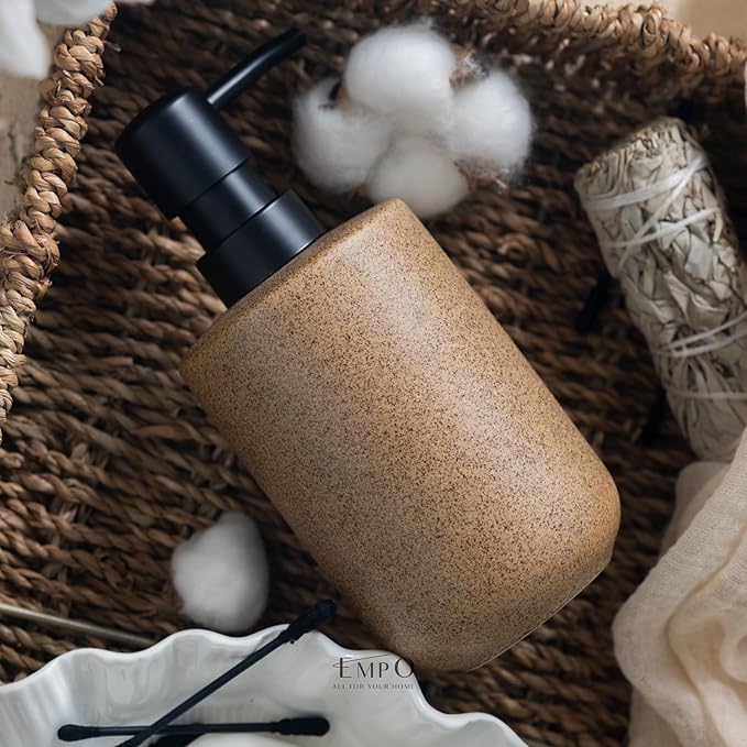 EMPO Stone-Textured Vintage Ceramic Dispenser, High-Color Rough Modern Zen Black ABS Press Bottle for Hand Soap, Shampoo, Conditioner for Bathroom and Kitchen (350ml/11.83oz)