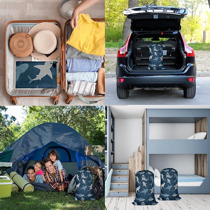 Swono Shark Heavy Duty Laundry Drawstring Bag with Strap, Wild Fish Set Sea Life Underwater 28 x 40 Inches Travel Dirty Clothes Bag for Laundromat and Household, Blue