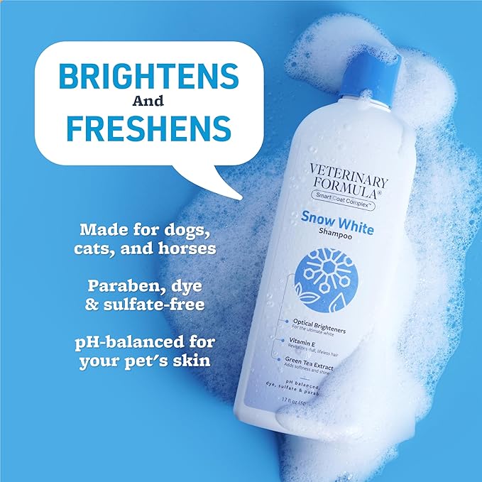 Veterinary Formula Smart Coat Complex Snow White Shampoo for Dogs and Cats, 17 Fl oz – Gently Remove Stains and Yellowing Without Bleach or Peroxide – Cleans, Deodorizes, and Brightens White Coats