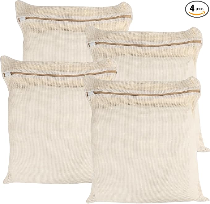 4-Piece Large Durable Organic Cotton Mesh Laundry Bags with Sturdy Zippers and Breathable Mesh are Delicate Laundry Bags for Underwear, Clothes, Pants and Socks