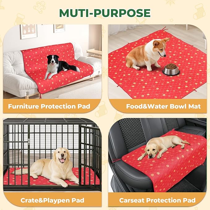 Fostanfly Washable Pee Pads for Dogs, 2 Pack 54"x54" Reusable Extra Large Ultra-Absorbent Non-Slip Leak-Proof Potty Training Pads for Puppy & Whelping, Christmas & New Year's Essential for Dogs, Red