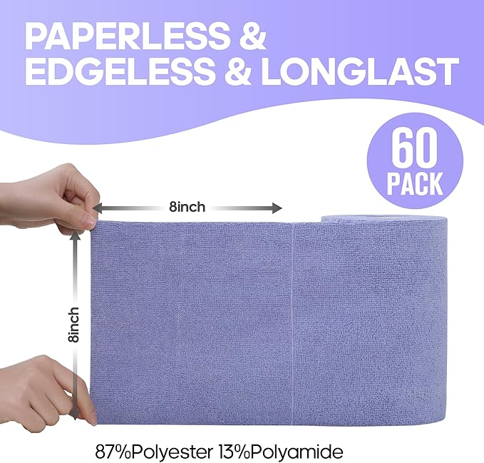 Fantasticlean Microfiber Cleaning Cloth Roll -60 Pack, Tear Away Paperless Towels, 8" x 8", Reusable Washable Rags, for Home Kitchen, Pet, Office, Indoor Outdoor, Compact and Portable (Light-Purple)