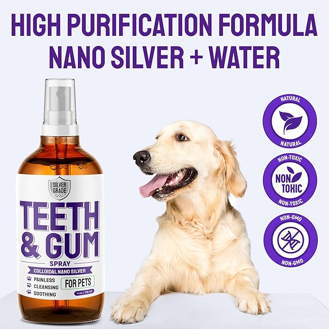 SILVER GRADE Teeth & Gum Dog Breath Spray for Pets Mouth – Cat Dental Care with Silver – Dog Breath Freshener Helps with Tartar & Caries – Plaque Remover for Daily Use – 4 Oz