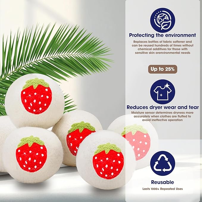 Wool Dryer Balls，New Zealand Wool Laundry Balls for Dryer (Pack of 3, Strawberry Handmade Pattern)，Softens Clothes,Naturally Reduces Drying Time and Static Electricity