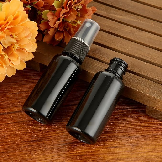 60 Pack 1 oz Spray Bottle, Black Spray Bottle with Small Fine Mist Spray and Plastic Cap, Refillable for for Essential Oils, Bath, Beauty, Hair & Cleaning