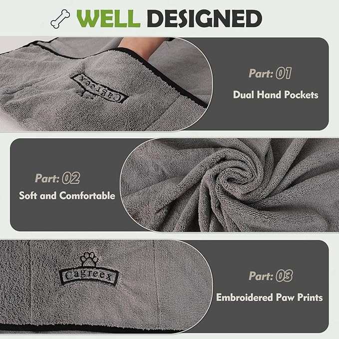 Microfiber Dog Grooming Bath Towel: Super Absorbent Soft Pet Grooming Towel Bath & Shower Supplies - Large Towels to Drying Dog Cat Pets Drying & Grommers (Gray, 2 Pcs)