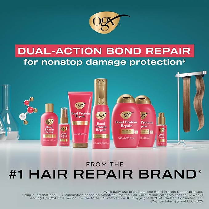 OGX Repair & Protect Bond Protein Repair 450°F Heat Protect Spray, Weightless Repair Mist for Nonstop Damage Protection* for All Hair Types, Heat Spray Preps Hair for Styling, 6.5 fl. oz