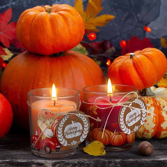 12 Pack Thanksgiving Pumpkins Clear Candle Jars for Making Candles 7 oz Empty Glass Jars with Wood Lids and Blessing Card Harvest Candle Containers for DIY Gifts Home Tea Party Holiday Decor