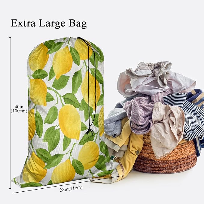 Swono Watercolor Lemons Laundry Bag with Strap Machine Washable Large Dirty Clothes Organizer Green Leaves Botanical Easy Fit Laundry Hamper or Basket, Carry Up to 4 Loads of Laundry, Yellow