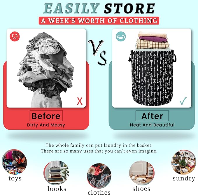 Black White Adventure Arrow Laundry Basket Foldable With Handles Tote Bag Oxford Cloth Funny Laundry Hamper Clothes Storage Bucket Toy Organizer 18.9" x 16.5" For Bathroom/Laundry/Bedroom