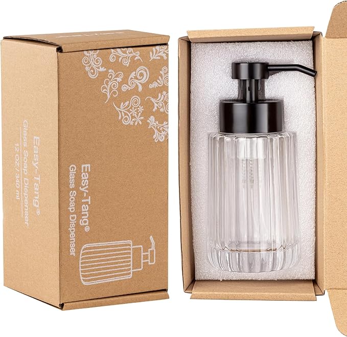 Easy Tang Glass Foaming Soap Dispenser with Black Pump, 12 OZ Vintage-Inspired Modern Glass Refillable Bottle, Hand Soap for Bathroom Countertop and Kitchen