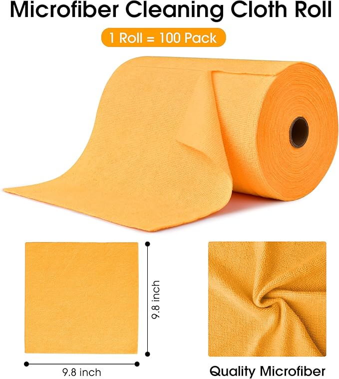 KitchLife Microfiber Cleaning Cloth Roll, 100 Pack - Tear-Away Microfiber Paper Towels, Lint-Free, Reusable, Washable for Kitchen, Car, Dishes, and Sensitive Surfaces (Tangerine Yellow)