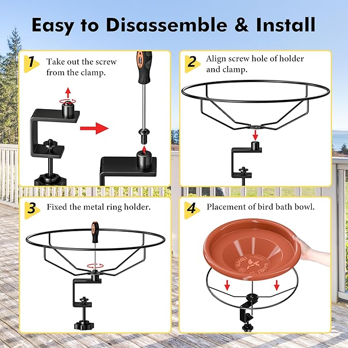 iBorn Bird Bath,Deck Mounted Bird Baths 12inch,Birdbath for Outside with Clamp 3.2inch,BPA-Free Bowl,Chew-Proof,Fully Detachable Design,Easy Clean & Refill,Terracotta,1 Pack（Not Include Fountain）