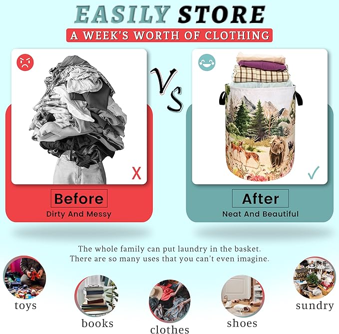 Watercolor Animals Laundry Hamper With Handles Foldable Oxford Cloth Animal Bear Deer Tote Bag Funny Laundry Basket Clothes Toy Storage Bucket Men Women 18.9" x 16.5" For Bathroom/Laundry/Bedroom