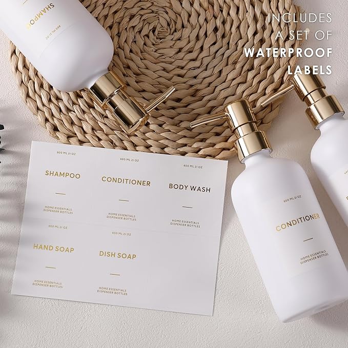 HOMCDALY Shampoo and Conditioner Dispenser, 21oz 3-Pack Refillable Pump Bottles, Shampoo Container, Empty Pump Bottle, Bathroom Shower Dispenser（21oz-White&Gold）