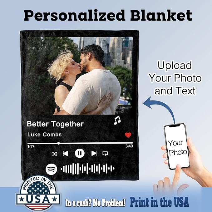 Ships Next Day Personalized Spotify Code Music Blanket for Her/Him Custom Thows Blanket with Photo Customize Valentine Day Anniversary Birthday Gift for Mom Dad Couple Printed in USA