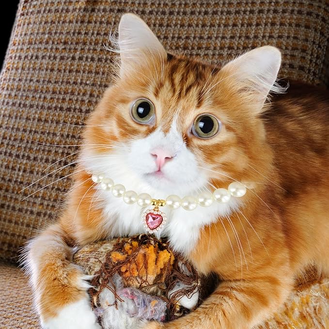 3 Pcs Pearl Cat Collar with Heart Pendant, Adjustable Dog Cats Pet Pearl Collars, Cute Pearl Necklace for Puppies and Kittens (Pink, Green and Lake Blue)