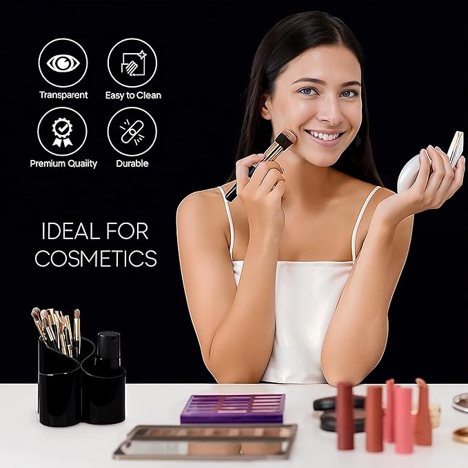 Black Makeup Brush Holder | New Elegant Design Acrylic Makeup Organizers | 3 Compartment Organizer Make Up Brush Holder Organizer & Cosmetic Storage for Lipstick, Eyeshadow Brush makeup pallette