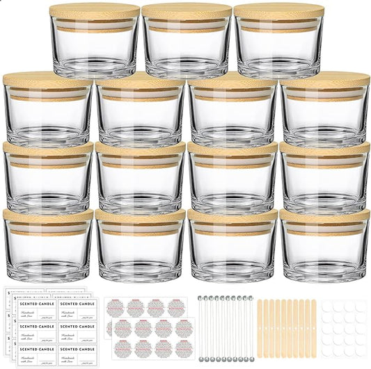 4oz Clear Candle Jars (15 Pack) - Small Wide Mouth Glass Jars with Bamboo Lids, Ideal for Candle Making Business