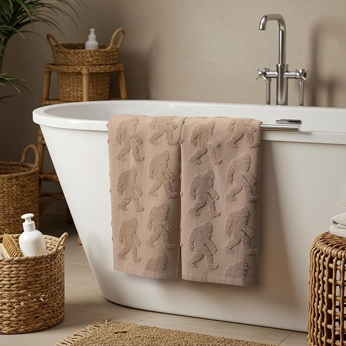 2 Pcs Big Foot Sasquatch Jacquard Hand Towels for Bathroom Brown Hand Towels 100% Cotton Absorbent Decorative Weave Neutral Bathroom Decor, 13.7 x 29.5 Inch