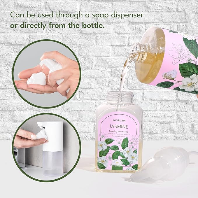 ROMIIE ZOI Natural Jasmine Foaming Hand Soap Refills 3-Pack (33.8 Fl Oz Each) with Dispenser - Plant-Based, Non-Toxic, Large Volume for Kitchen, Bathroom - Great Value Gift Set for Housewarming