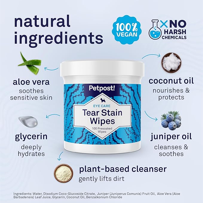 Petpost Tear Stain Remover Wipes for Dogs | 100 Count Gentle Eye Wipes with Juniper Berry & Coconut | Dog Face Wipes for Tear Stains & Eye Discharge | Soft Cotton Pads, Bleach Free