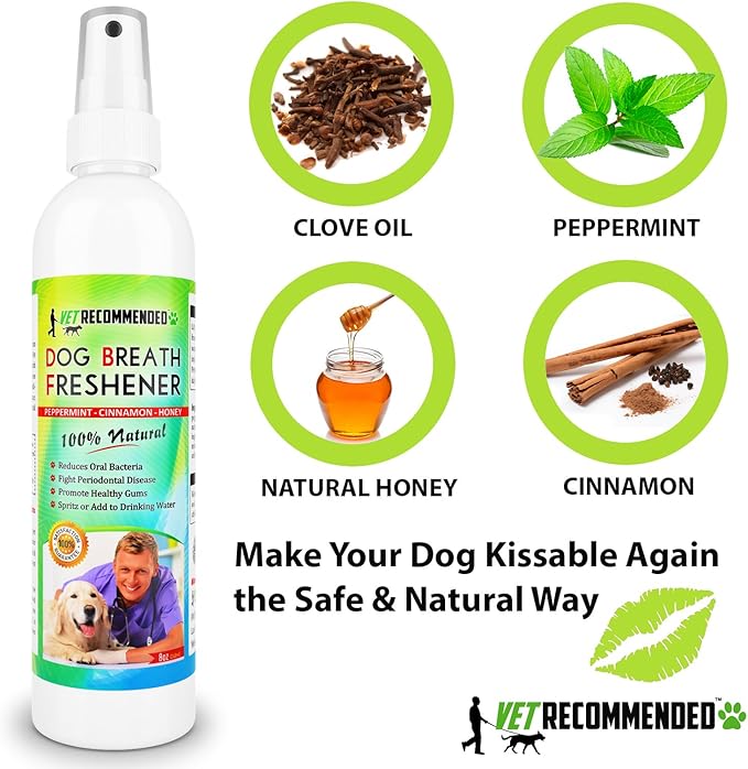 Vet Recommended Dog Breath Freshener & Dental Water Additive Spray (8oz) All Natural - Perfect for Bad Dog Breath & Dog Teeth Spray. Spray in Mouth or Add to Pet's Drinking Water. Made in USA