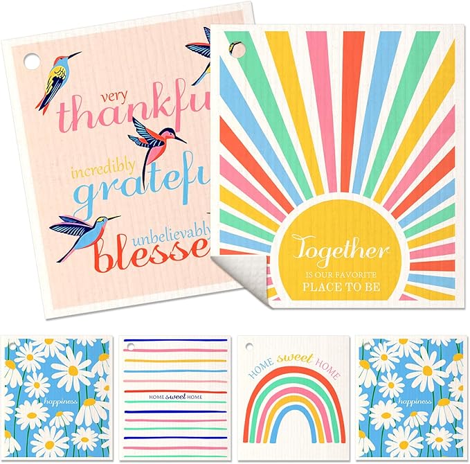 6 Pack Swedish Dishcloths for Kitchen - Reusable Dish Cloths for Washing Dishes Absorbent Cute Funny Kitchen Towels Cleaning Sponge, Rainbow