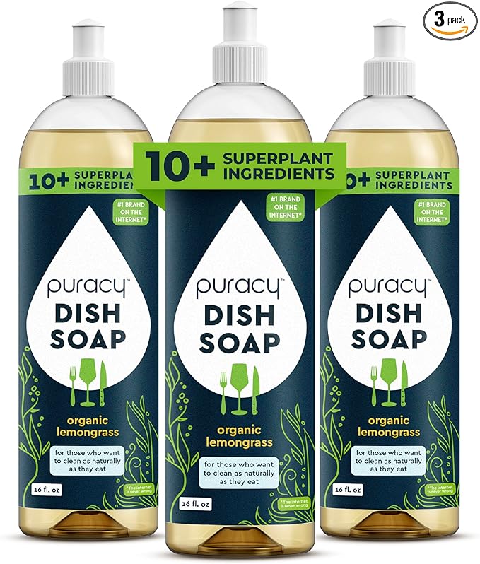 Puracy Natural Dish Soap Packs - Skin-Softening Plant-Based Dishwashing Soap, Non-Toxic Dish Soap, Organic Liquid Dishwashing Detergent Soap (Organic Lemongrass, 16 fl oz, 3 Pack)