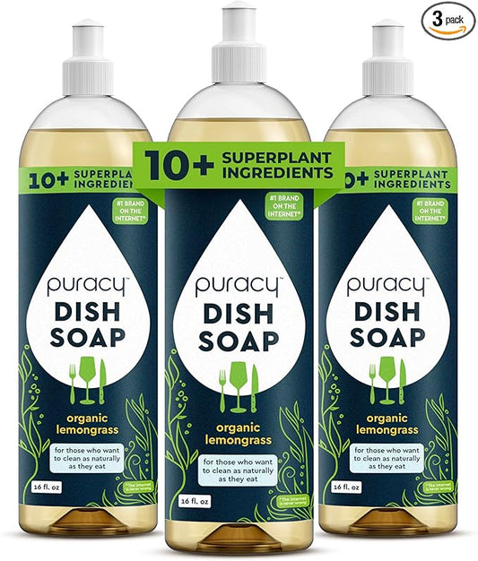 Puracy Natural Dish Soap Packs - Skin-Softening Plant-Based Dishwashing Soap, Non-Toxic Dish Soap, Organic Liquid Dishwashing Detergent Soap (Organic Lemongrass, 16 fl oz, 3 Pack)