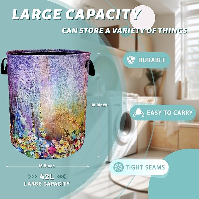 Watercolor Purple Flowers Laundry Basket Foldable With Handles Colorful Tote Bag Oxford Cloth Laundry Hamper Clothes Storage Bucket Toy Organizer 18.9" x 16.5" For Bathroom/Laundry/Bedroom