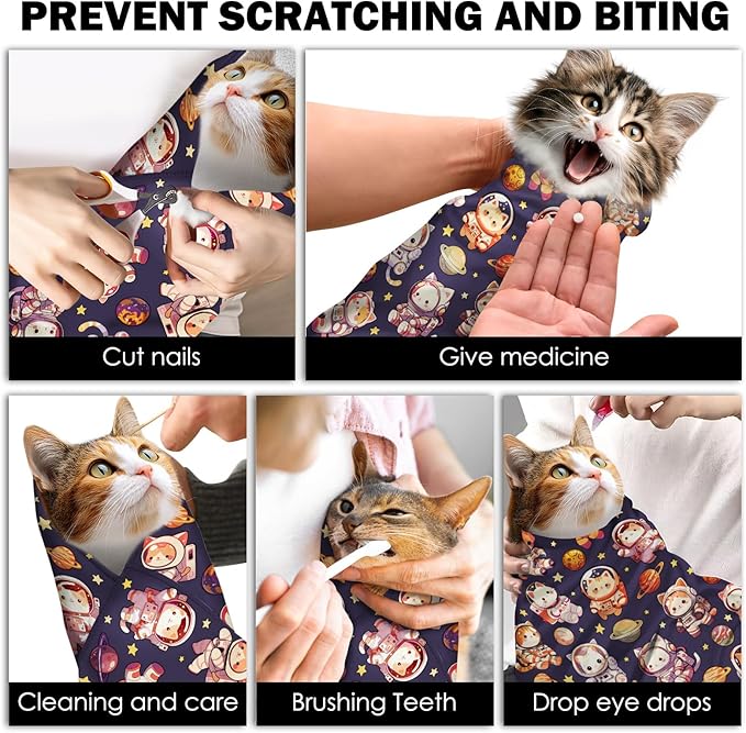 27.6" Cat Grooming Wrap, Self Adhesive Cat Wrap for Cutting Nails, Anti-Escape Calming Cat Swaddle Wrap for Medicine Ear Cleaning, Anti-Scratch Cats Burrito Restraint Blanket, Pet Tool(6-10 lbs)