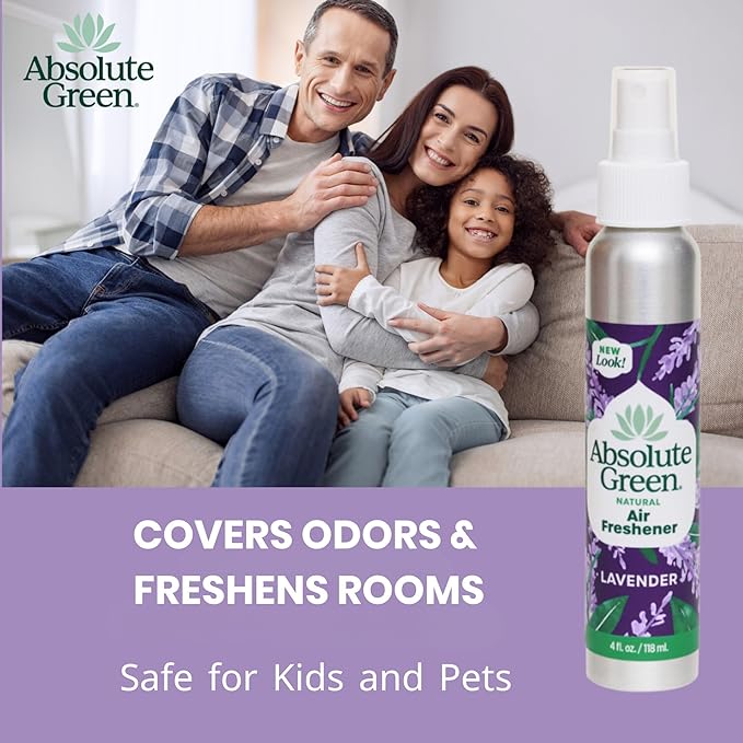 Absolute Green Air Freshener Room Spray, Non-Toxic, Cover Odors, Safe around Kids and Pets, Natural Lavender Scent 4oz (2 Pack)