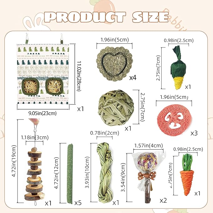 20PCS Bunny Chew Toys for Rabbits Teeth & a Rabbit Hay Feeder Bag, Natural Rabbit Toys & Guinea Pig Boredom Enrichment, Suitable for Bunny Hamster Guinea Pig Ferret Kitten