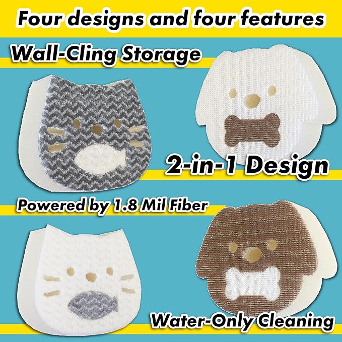 2-in-1 Dog Face Sponge for Kitchen & Bath - Detachable Fish, Wall-Cling Storage, Powered by 1.8 Mil Fiber - Multi-Functional Cleaning Gadget (2 Pack) (Dog - White & Brown)