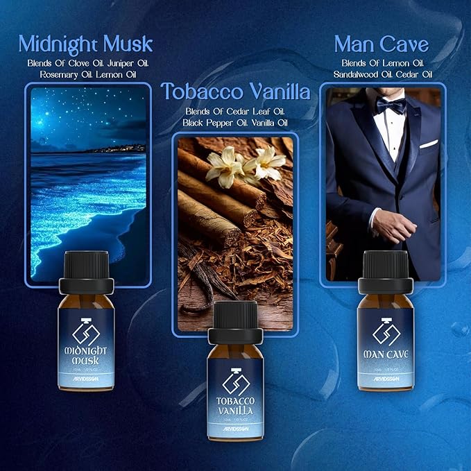ARVIDSSON Cologne Fragrance Oils Set, Essential Oils for Diffuser | Deep Ocean, Cologne, Amber Oud, Tobacco Vanilla, Man Cave, Midnight Musk, Diffuser Oil Scents for Candle Making, Soap Making