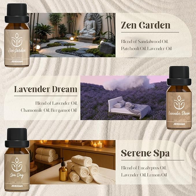 ARVIDSSON Zen Essential Oils Set, Nautal Tranquil Essential Oil for Diffusers for Home - Zen Garden, Lavender Dream, Serene Spa, Citrus Mint, Tranquil Wood, Herbal Chill, Gift for Women