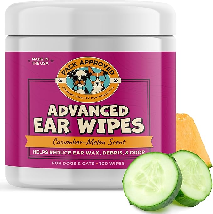 Advanced Ear Wipes for Dogs & Cats with Aloe Vera - Gentle, Non-Irritating Ear Cleaner for Cats and Dogs - Helps Deodorize and Remove Ear Wax - Cucumber Melon Scent (100 Wipes)
