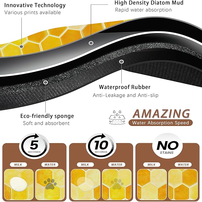 Honeycomb Bee Geometric Dog Food Mat for Floors,Absorbent Quick-Dry Pet Feeding Mat,Cat Dog Bowl Mats for Food and Water,Non-Slip Pet Accessories Supplies 16"x24"